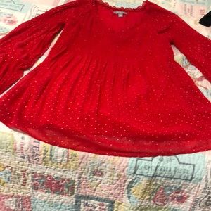 Valerie Stevens red w/ shiny gold small dots. Full sheer sleeves. Top smocked.